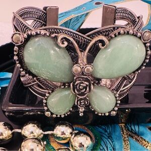 Vintage Large Silver Butterfly Cuff Bracelet with Green Stones